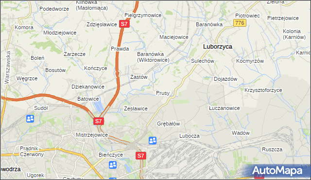 mapa Prusy gmina Kocmyrzów-Luborzyca, Prusy gmina Kocmyrzów-Luborzyca na mapie Targeo