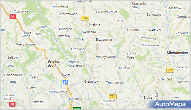 mapa Przybysławice gmina Zielonki, Przybysławice gmina Zielonki na mapie Targeo