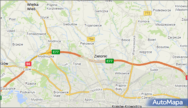 mapa Zielonki powiat krakowski, Zielonki powiat krakowski na mapie Targeo