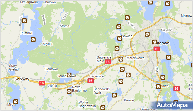 mapa Bagienice Małe gmina Mrągowo, Bagienice Małe gmina Mrągowo na mapie Targeo