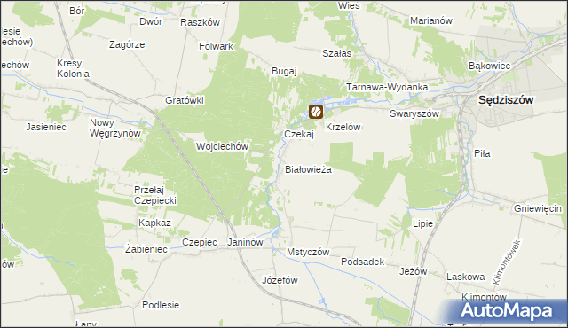 mapa Białowieża gmina Sędziszów, Białowieża gmina Sędziszów na mapie Targeo