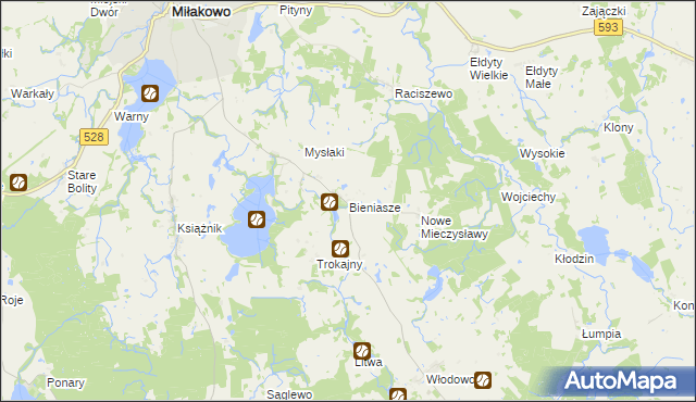 mapa Bieniasze gmina Miłakowo, Bieniasze gmina Miłakowo na mapie Targeo