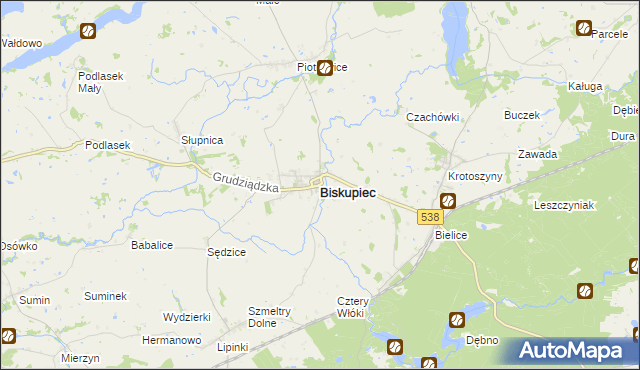 mapa Biskupiec powiat nowomiejski, Biskupiec powiat nowomiejski na mapie Targeo