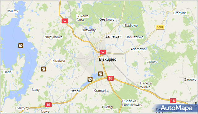 mapa Biskupiec powiat olsztyński, Biskupiec powiat olsztyński na mapie Targeo