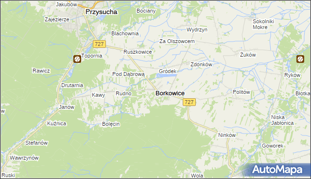 mapa Borkowice powiat przysuski, Borkowice powiat przysuski na mapie Targeo