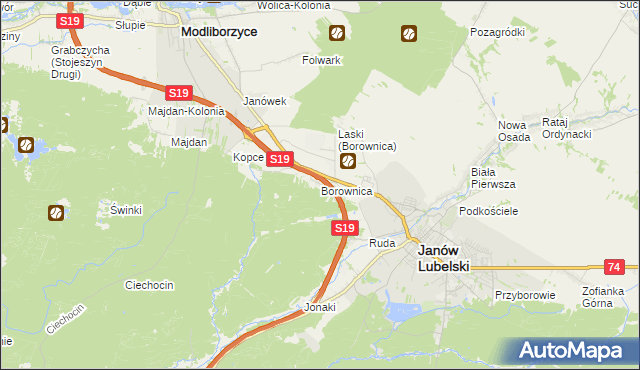 mapa Borownica gmina Janów Lubelski, Borownica gmina Janów Lubelski na mapie Targeo