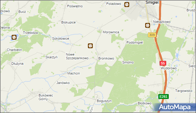 mapa Bronikowo gmina Śmigiel, Bronikowo gmina Śmigiel na mapie Targeo