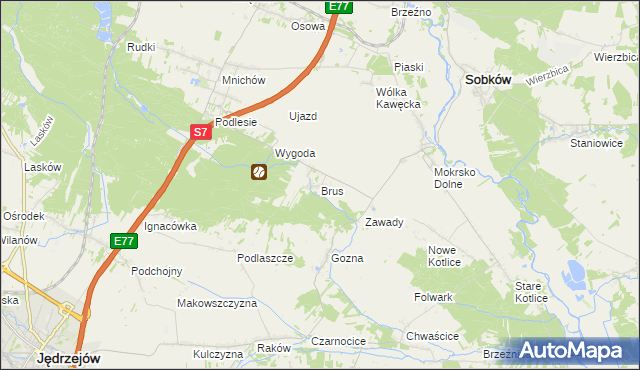 mapa Brus gmina Jędrzejów, Brus gmina Jędrzejów na mapie Targeo