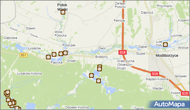 mapa Brzeziny gmina Modliborzyce, Brzeziny gmina Modliborzyce na mapie Targeo