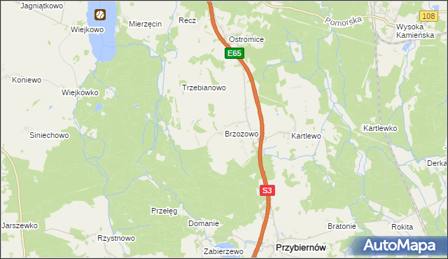 mapa Brzozowo gmina Przybiernów, Brzozowo gmina Przybiernów na mapie Targeo