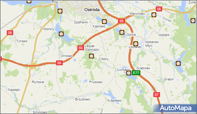 mapa Cibory gmina Ostróda, Cibory gmina Ostróda na mapie Targeo