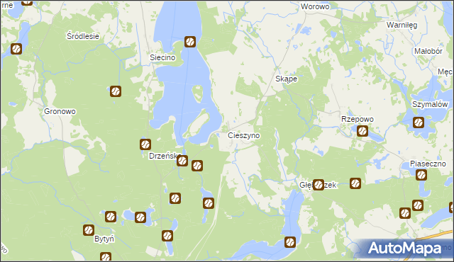 mapa Cieszyno gmina Złocieniec, Cieszyno gmina Złocieniec na mapie Targeo