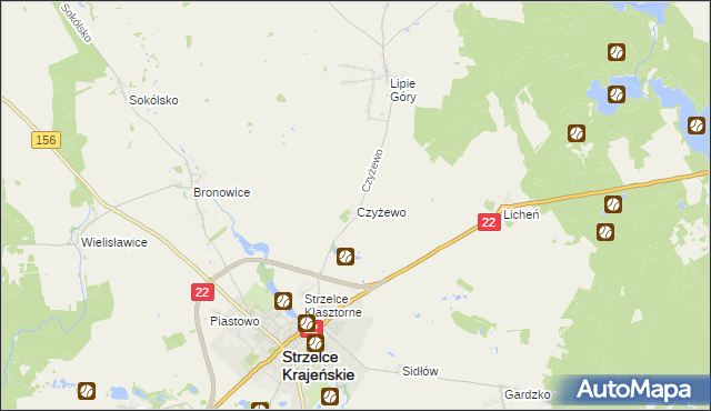 mapa Czyżewo gmina Strzelce Krajeńskie, Czyżewo gmina Strzelce Krajeńskie na mapie Targeo