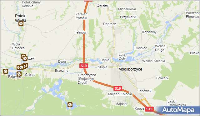 mapa Dąbie gmina Modliborzyce, Dąbie gmina Modliborzyce na mapie Targeo