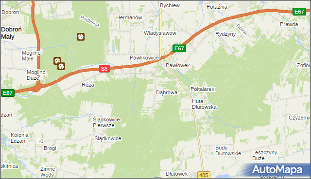 mapa Dąbrowa gmina Dłutów, Dąbrowa gmina Dłutów na mapie Targeo