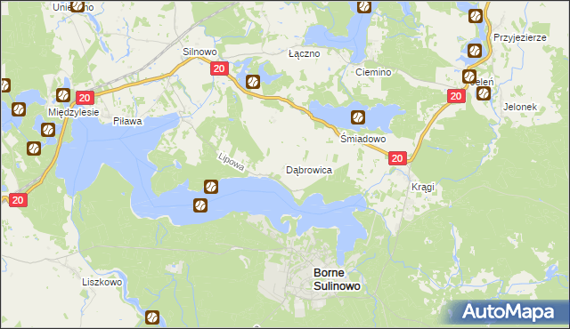 mapa Dąbrowica gmina Borne Sulinowo, Dąbrowica gmina Borne Sulinowo na mapie Targeo