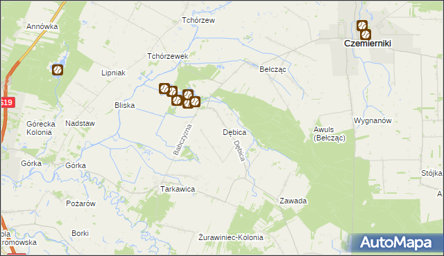 mapa Dębica gmina Ostrówek, Dębica gmina Ostrówek na mapie Targeo