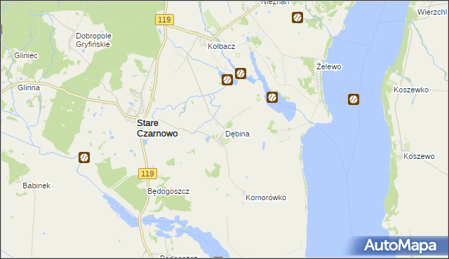 mapa Dębina gmina Stare Czarnowo, Dębina gmina Stare Czarnowo na mapie Targeo