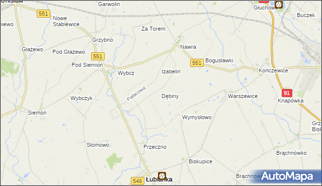 mapa Dębiny gmina Łubianka, Dębiny gmina Łubianka na mapie Targeo