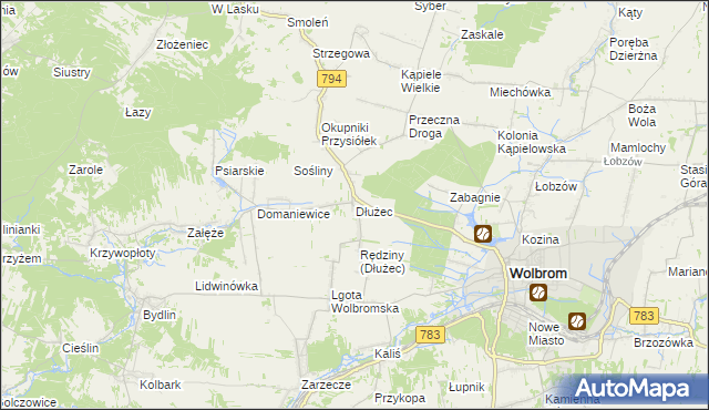 mapa Dłużec gmina Wolbrom, Dłużec gmina Wolbrom na mapie Targeo