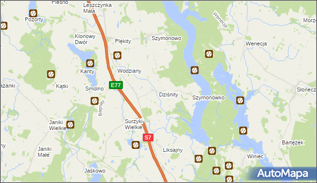 mapa Dziśnity gmina Małdyty, Dziśnity gmina Małdyty na mapie Targeo