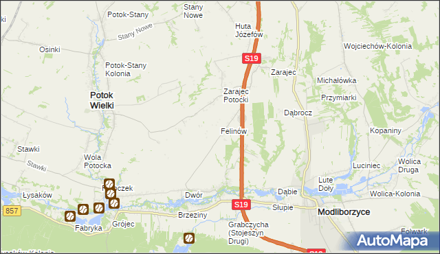 mapa Felinów gmina Modliborzyce, Felinów gmina Modliborzyce na mapie Targeo