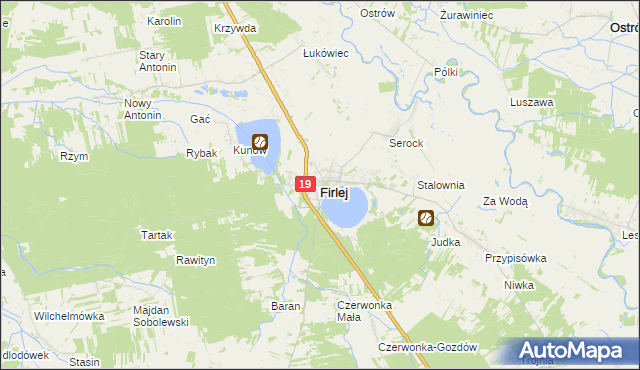 mapa Firlej powiat lubartowski, Firlej powiat lubartowski na mapie Targeo
