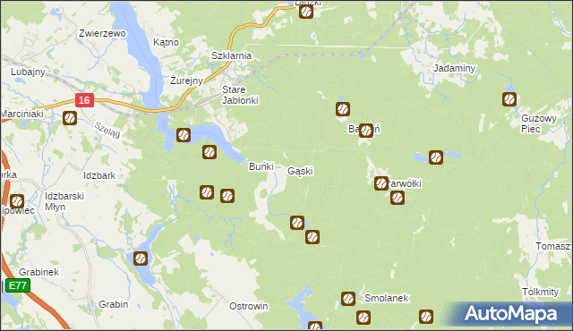 mapa Gąski gmina Ostróda, Gąski gmina Ostróda na mapie Targeo