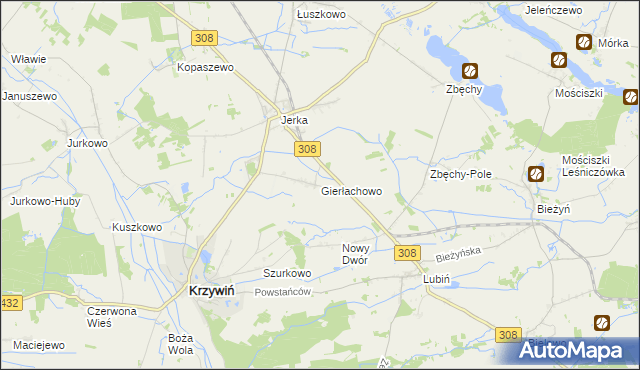 mapa Gierłachowo gmina Krzywiń, Gierłachowo gmina Krzywiń na mapie Targeo