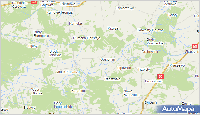 mapa Gostomin gmina Ojrzeń, Gostomin gmina Ojrzeń na mapie Targeo