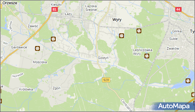 mapa Gostyń gmina Wyry, Gostyń gmina Wyry na mapie Targeo