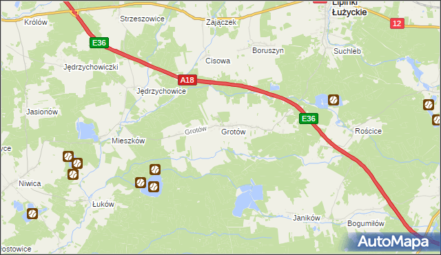 mapa Grotów gmina Lipinki Łużyckie, Grotów gmina Lipinki Łużyckie na mapie Targeo
