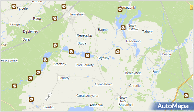 mapa Gryźliny gmina Nowe Miasto Lubawskie, Gryźliny gmina Nowe Miasto Lubawskie na mapie Targeo