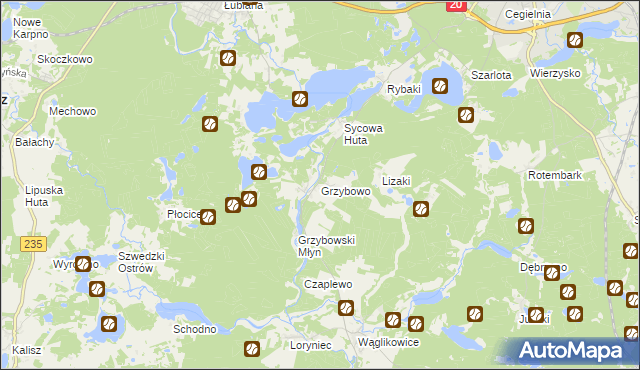 mapa Grzybowo gmina Kościerzyna, Grzybowo gmina Kościerzyna na mapie Targeo