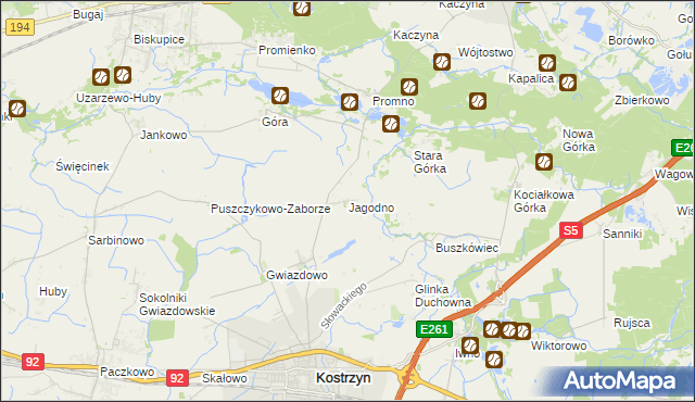 mapa Jagodno gmina Kostrzyn, Jagodno gmina Kostrzyn na mapie Targeo