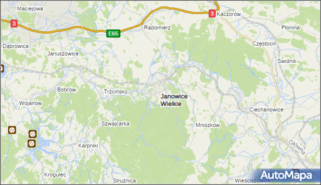 mapa Janowice Wielkie, Janowice Wielkie na mapie Targeo