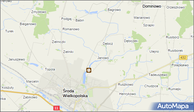 mapa Janowo gmina Środa Wielkopolska, Janowo gmina Środa Wielkopolska na mapie Targeo
