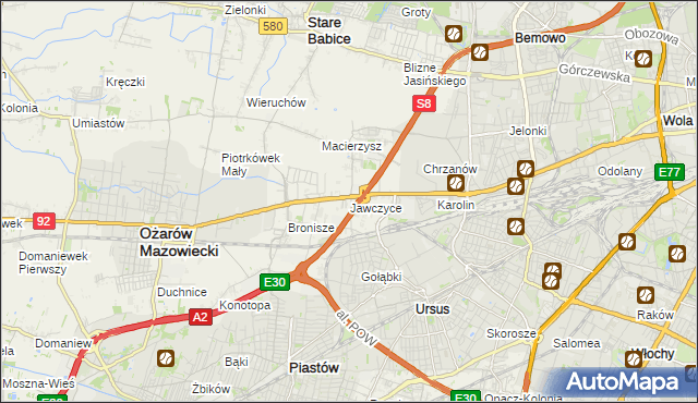 mapa Jawczyce gmina Ożarów Mazowiecki, Jawczyce gmina Ożarów Mazowiecki na mapie Targeo