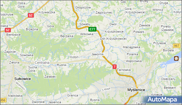 mapa Jawornik gmina Myślenice, Jawornik gmina Myślenice na mapie Targeo