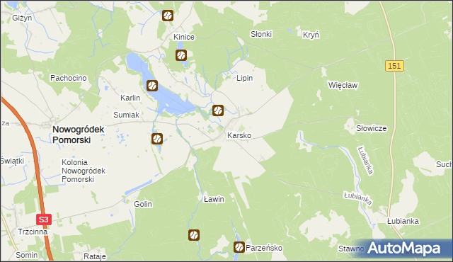 mapa Karsko gmina Nowogródek Pomorski, Karsko gmina Nowogródek Pomorski na mapie Targeo