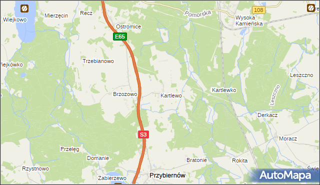 mapa Kartlewo gmina Przybiernów, Kartlewo gmina Przybiernów na mapie Targeo