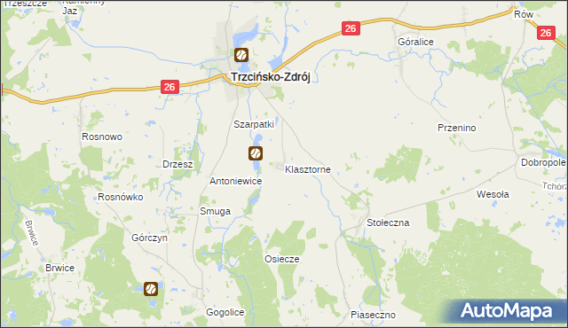 mapa Klasztorne gmina Trzcińsko-Zdrój, Klasztorne gmina Trzcińsko-Zdrój na mapie Targeo