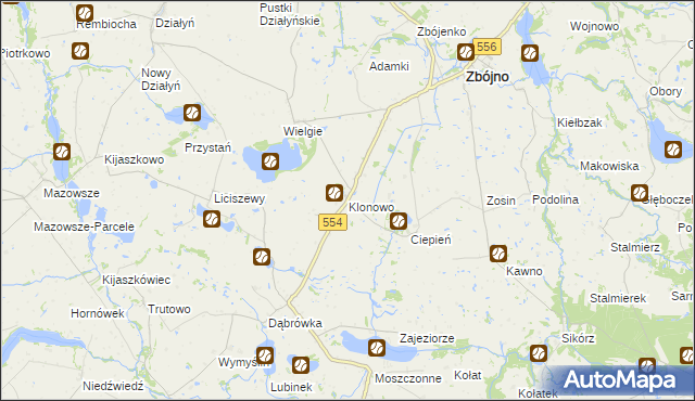 mapa Klonowo gmina Zbójno, Klonowo gmina Zbójno na mapie Targeo