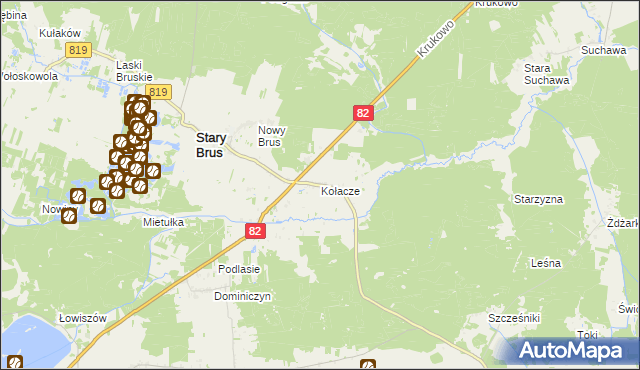 mapa Kołacze gmina Stary Brus, Kołacze gmina Stary Brus na mapie Targeo