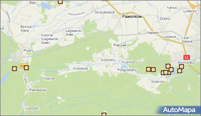 mapa Kośmidry gmina Pawonków, Kośmidry gmina Pawonków na mapie Targeo