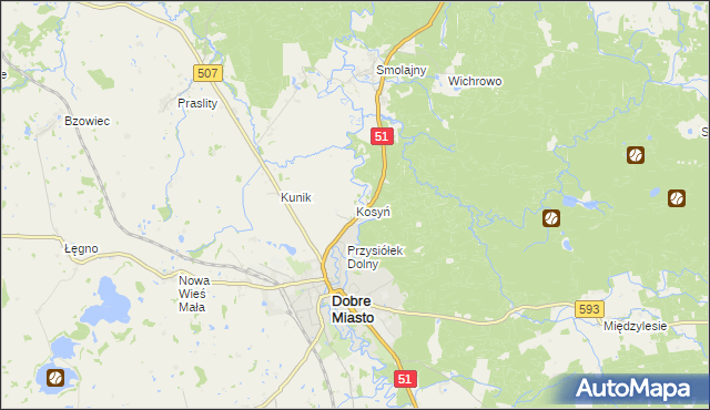 mapa Kosyń gmina Dobre Miasto, Kosyń gmina Dobre Miasto na mapie Targeo