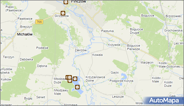 mapa Kowala gmina Pińczów, Kowala gmina Pińczów na mapie Targeo