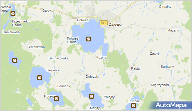 mapa Koziny gmina Zalewo, Koziny gmina Zalewo na mapie Targeo