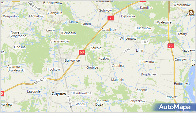 mapa Kozłów gmina Chynów, Kozłów gmina Chynów na mapie Targeo