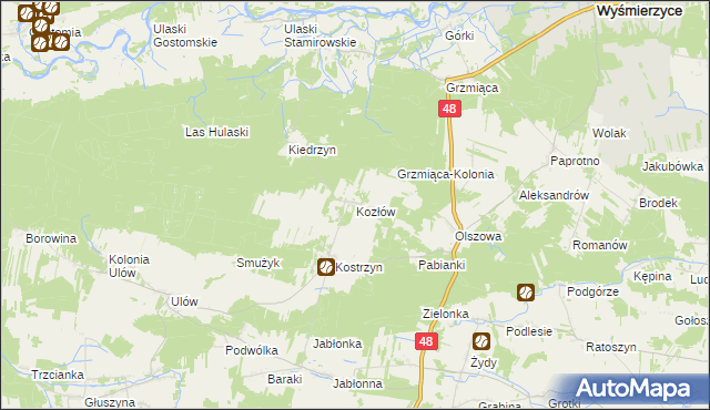 mapa Kozłów gmina Wyśmierzyce, Kozłów gmina Wyśmierzyce na mapie Targeo